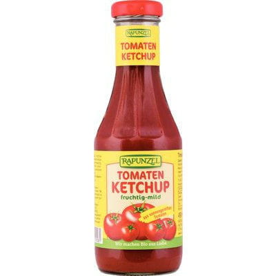 Bio-Ketchup Flasche von RAPUNZEL, 450 ml, mit roter Ketchup-Glasflasche und Etikett, auf weißem Hintergrund sichtbar