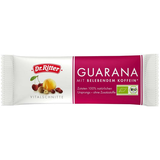 Bio Guarana Energieriegel von DR. RITTER, 40 g, mit natürlichen Guarana-Extrakten und Nüssen, auf einem Holztablett präsentiert